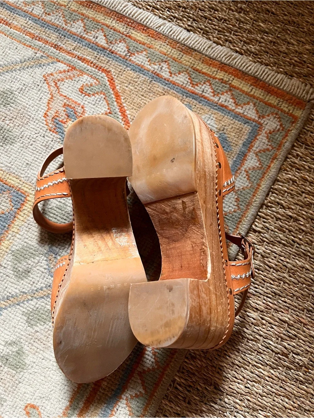 Sandro Cognac Leather Platform Clog Sandals with Wood Heel - Picture 3 of 6